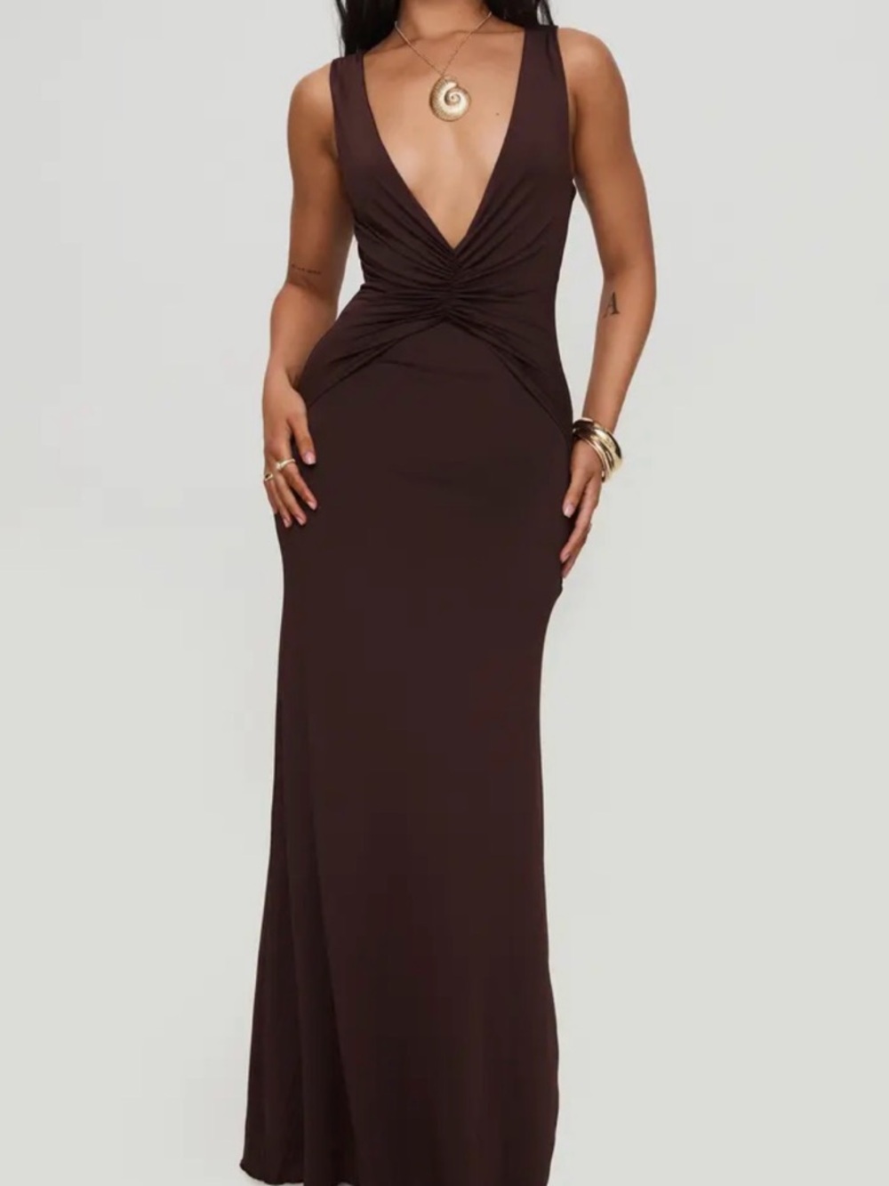 Princess Polly Deep V-Neck Brown Maxi Dress